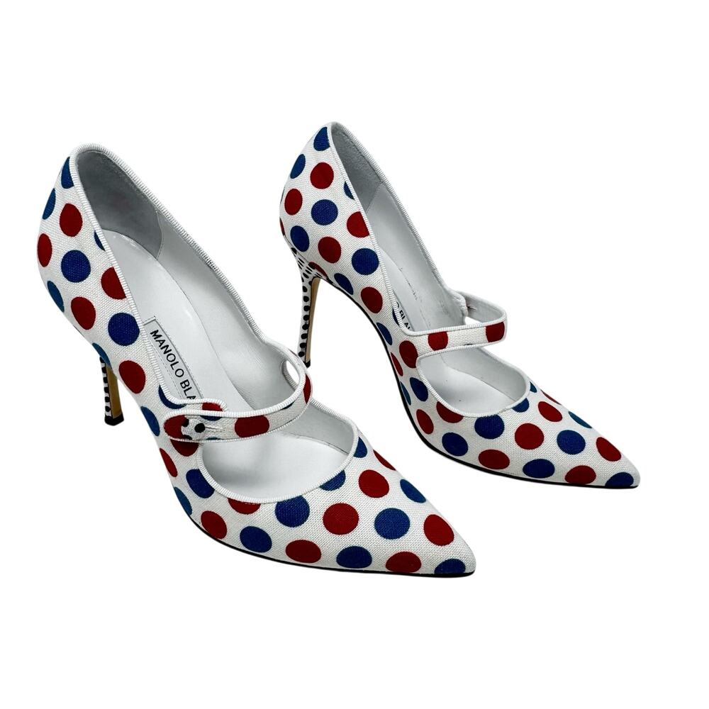 Manolo Blahnik Campari Polka Dot Linen Mary Jane Pumps 36 US 6 Heels Box 105mm